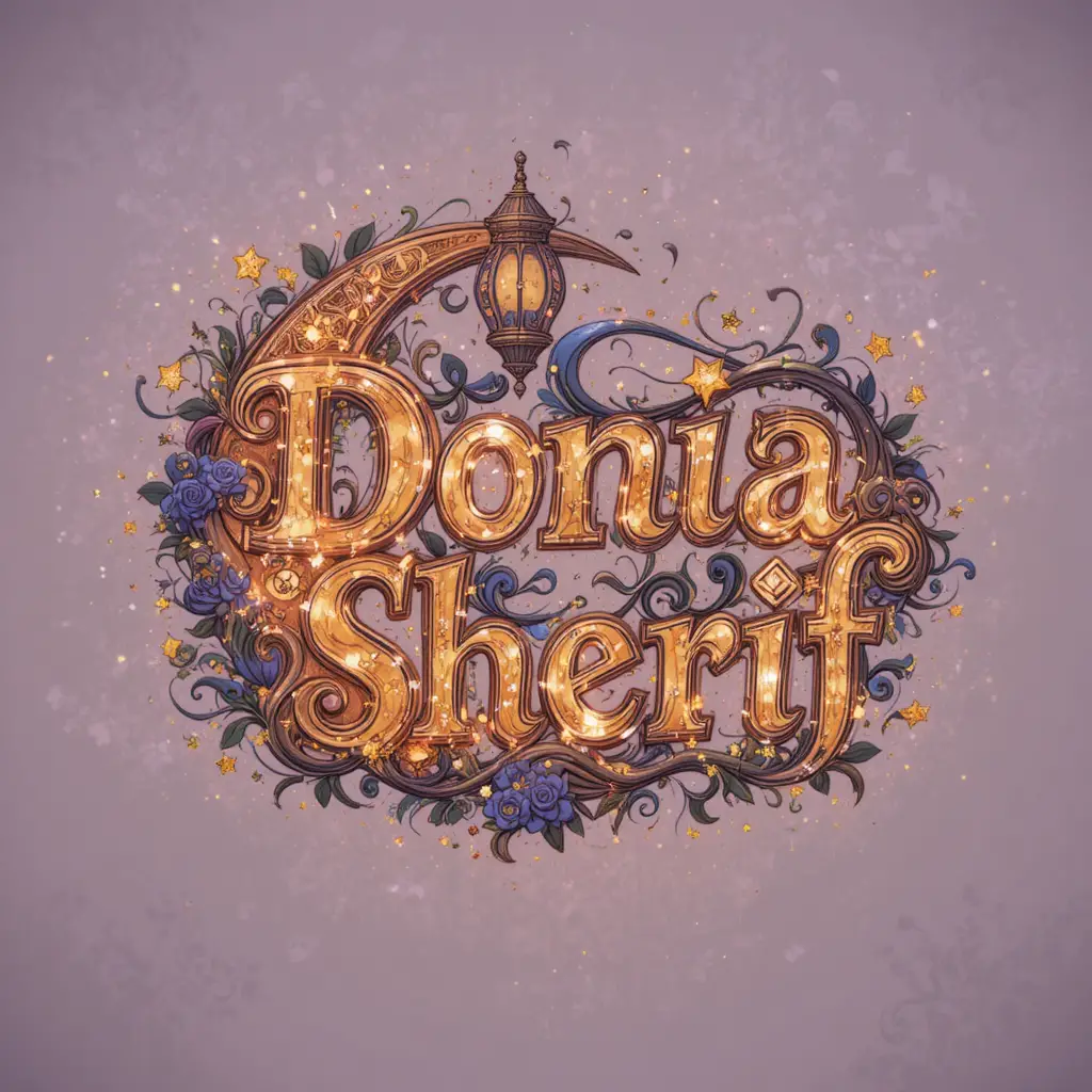 Nome decorativo Donia Sherif com lua crescente e lanterna de Ramadan