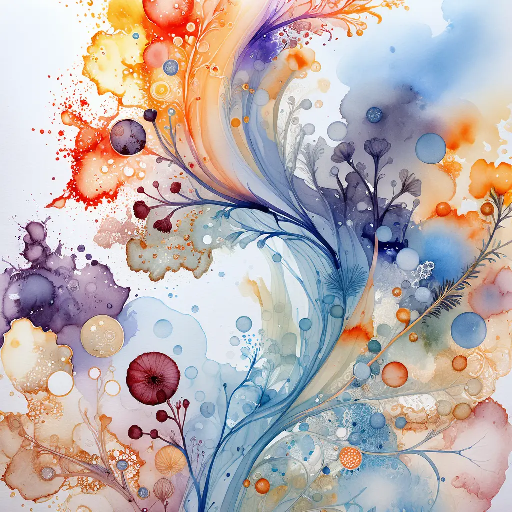 Abstract watercolor swirl with organic botanical accents