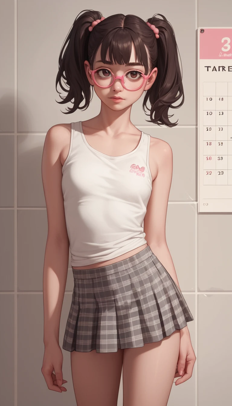 Young girl in minimalist pastel bathroom interior