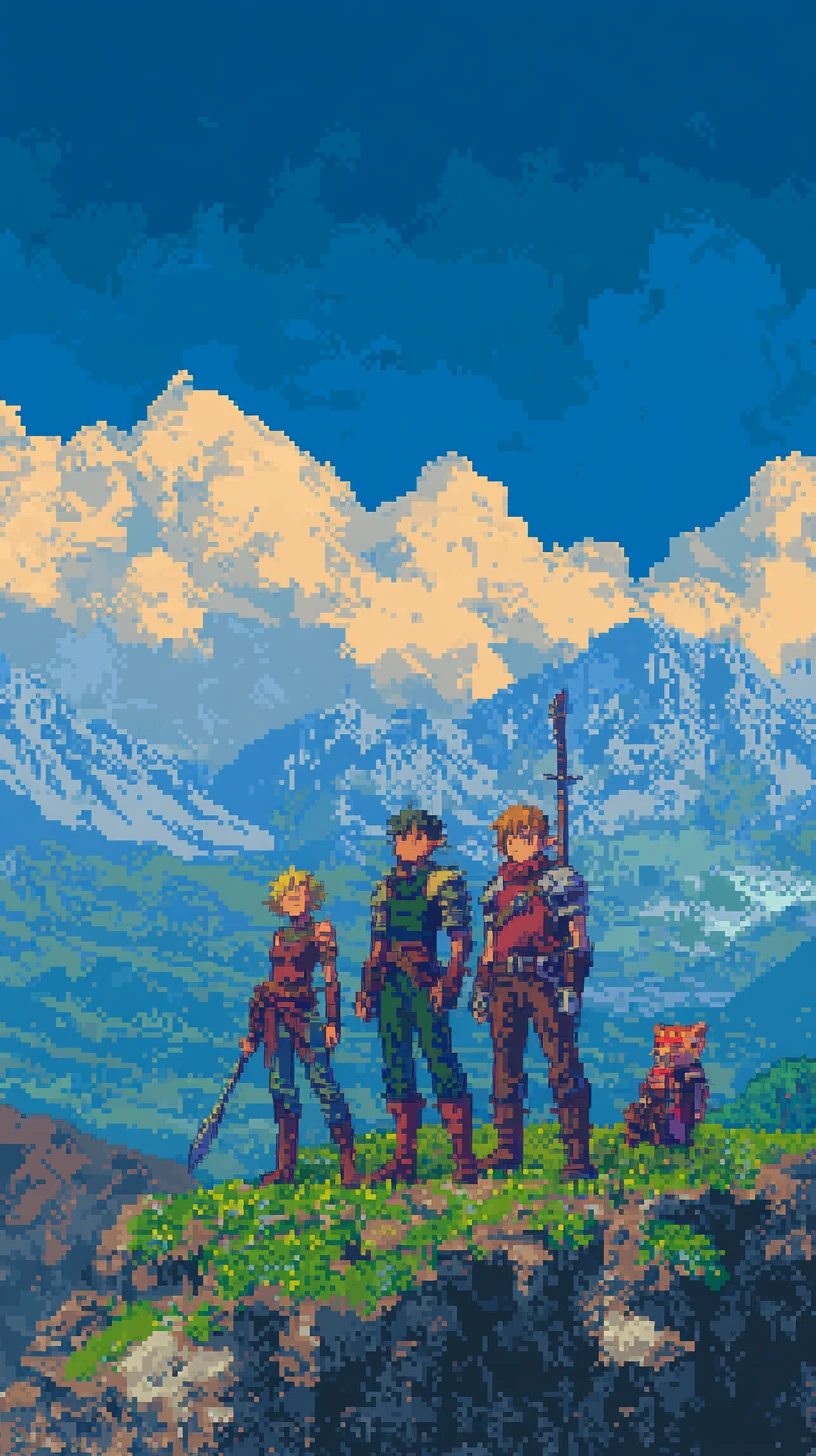 Fantasy-Helden in einer lebendigen Retro-Pixel-Spielwelt
