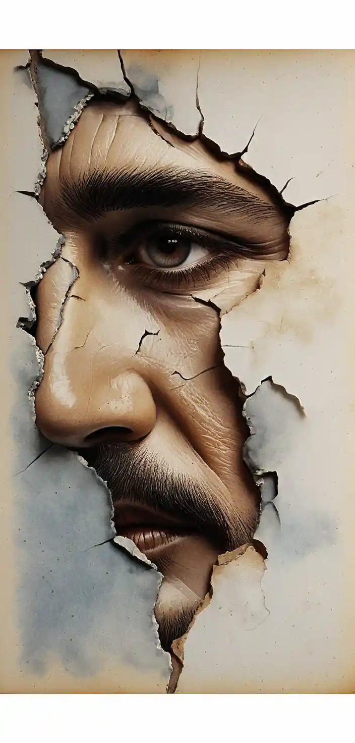 Fragmento de rosto masculino envelhecido em retrato close-up em mídia mista