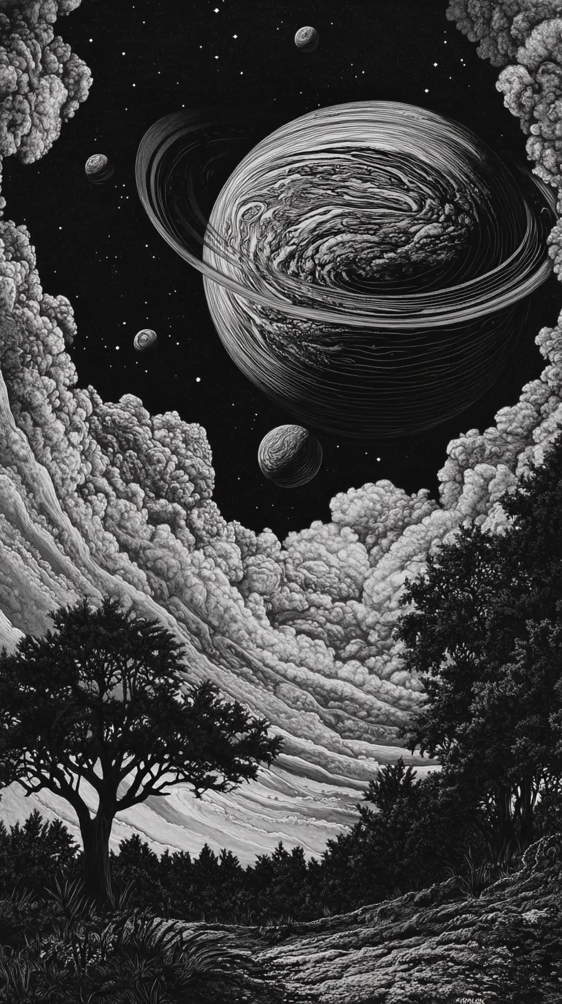 浩瀚木刻宇宙景觀中的超現實環狀行星