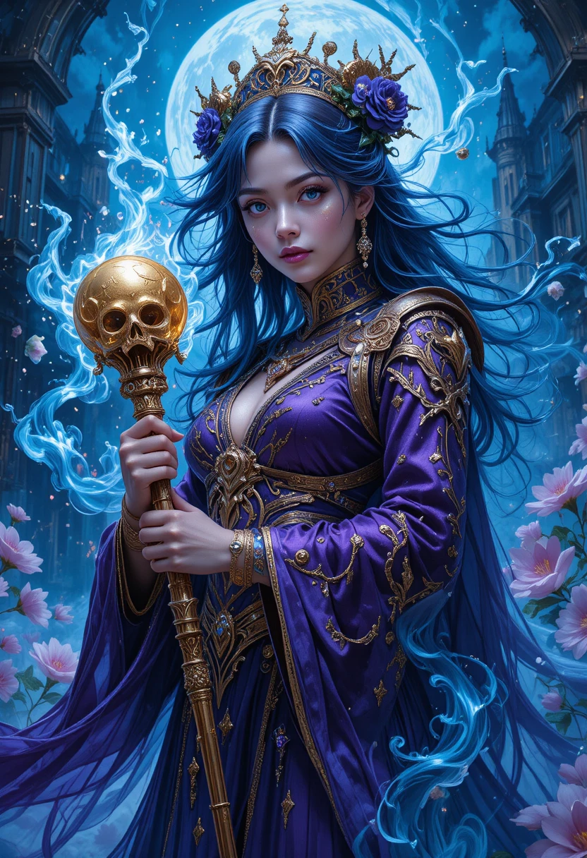 Prêtresse d’anime avec sceptre crâne doré dans un style fantasy néon