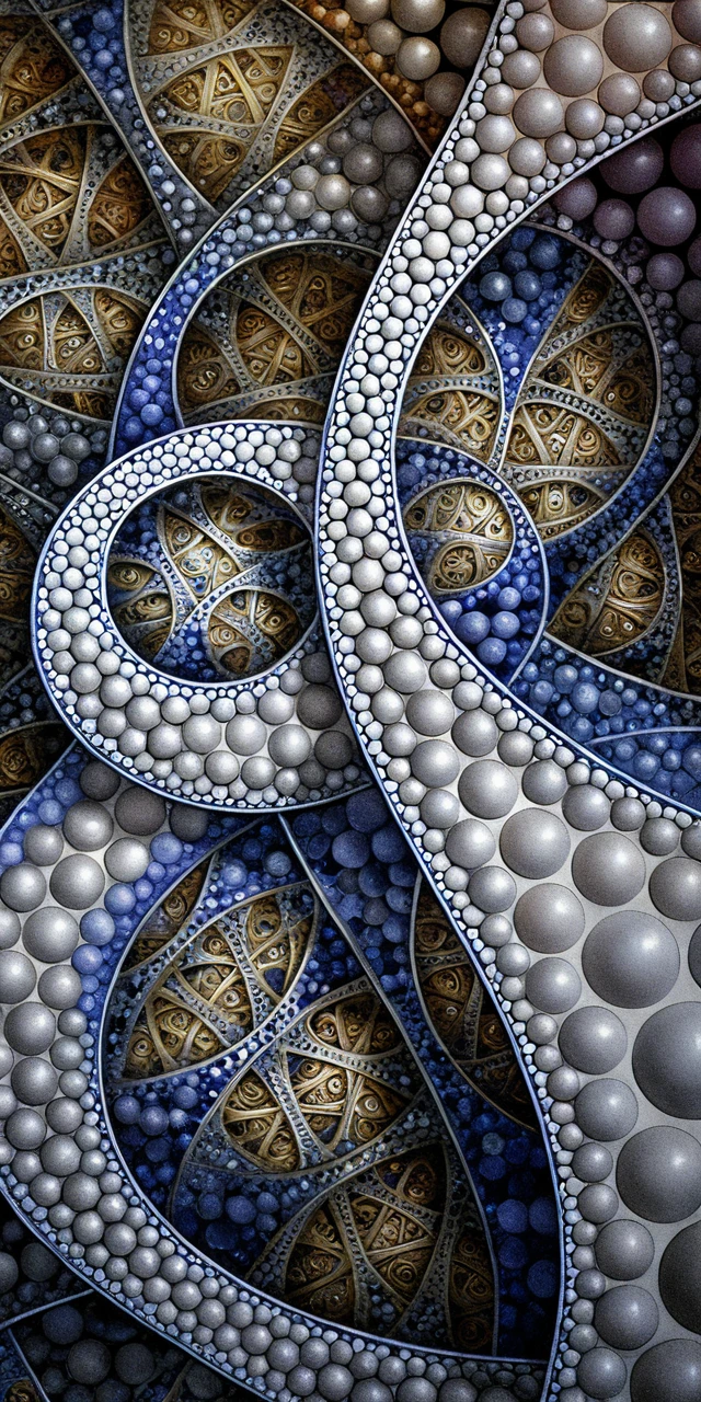 Filigrane 3D-Fraktalkugeln mit goldenen Mandala-Medaillons