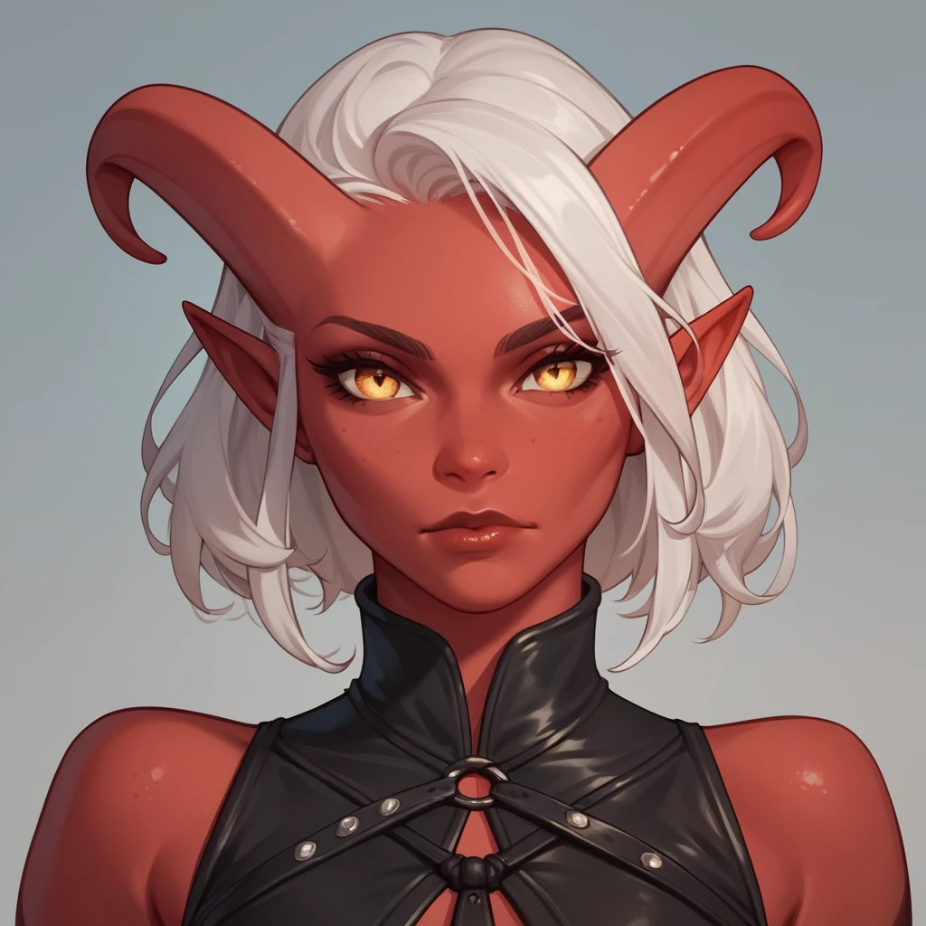 Tiefling hunter woman with red skin and wicked sword