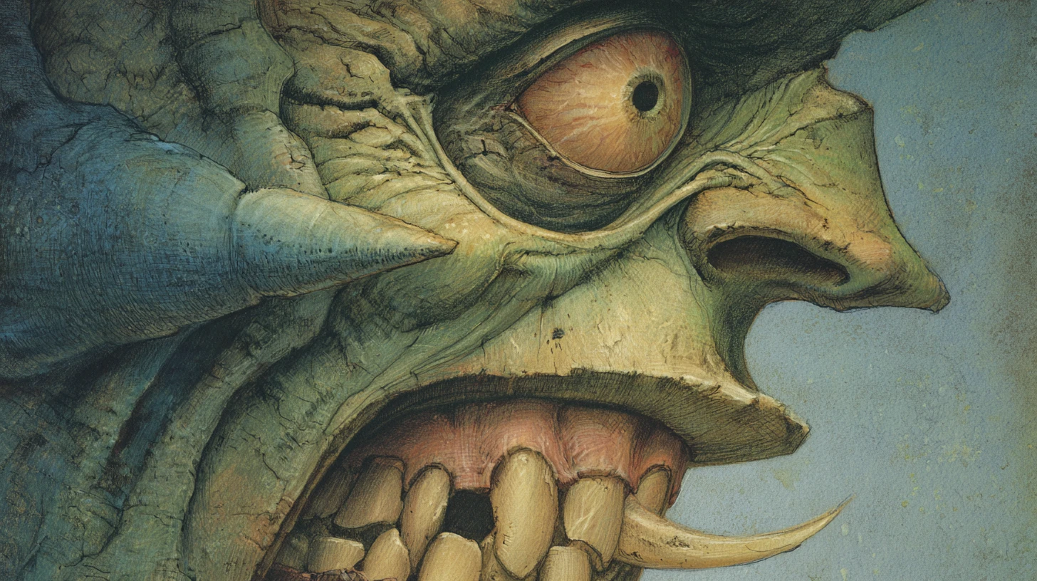 Perfil de monstro grotesco com um único olho e língua bifurcada