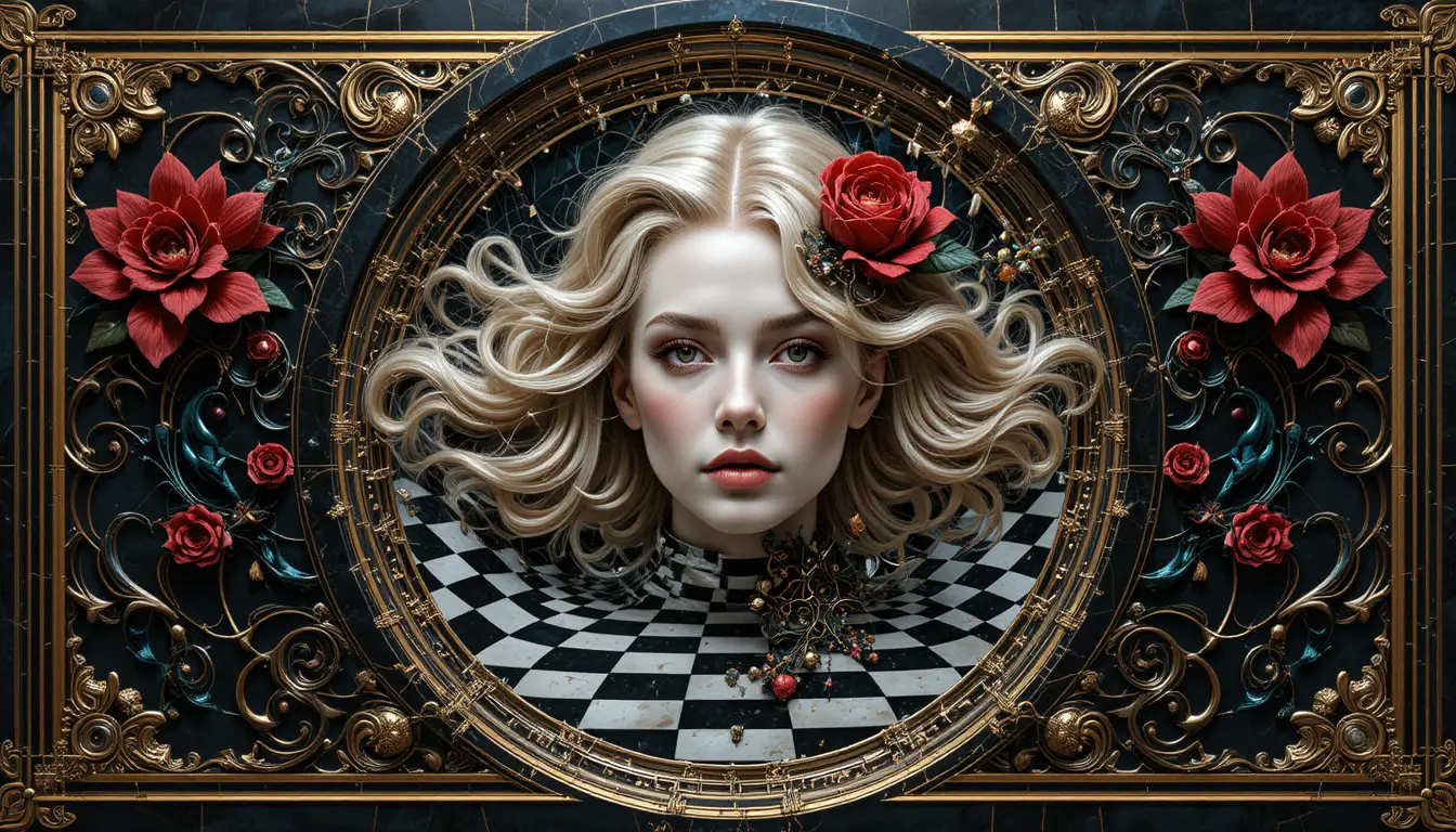 Retrato gótico futurista de uma mulher madura com circuitos florais