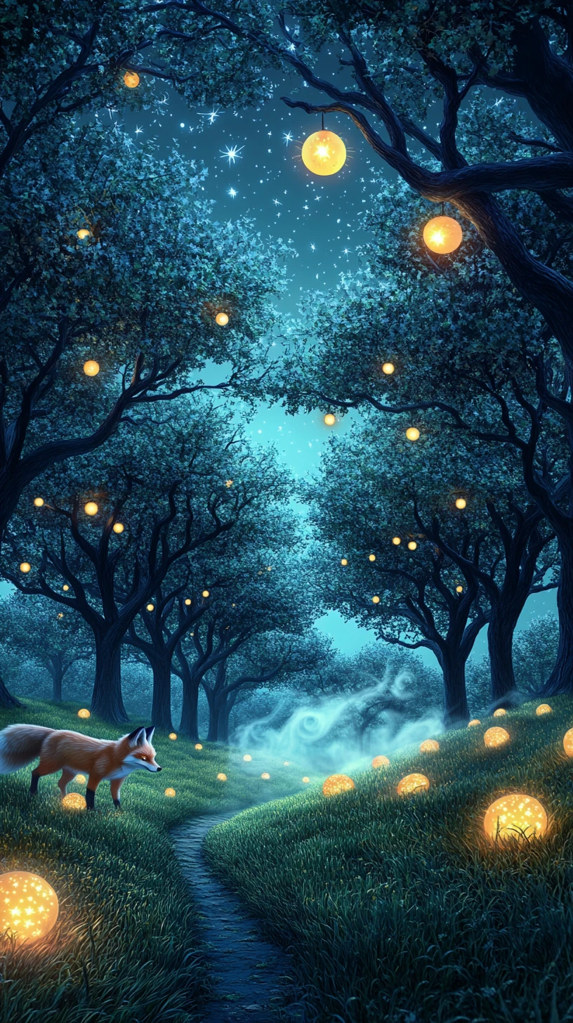 Raposa Vagueando por um Pomar Noturno Brilhante