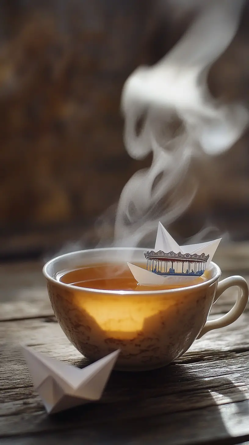 Taza de té humeante con diminutos barquitos de papel sobre la mesa
