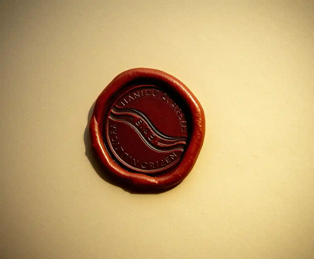 Close up wax seal impression on aged parchment document