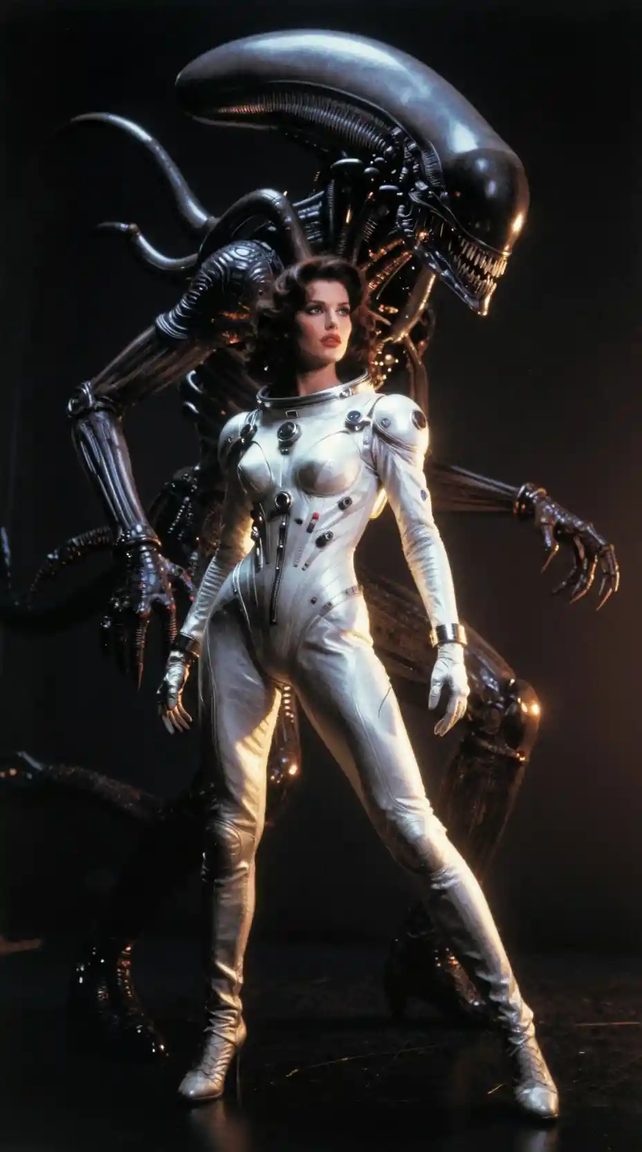 Misteriosa Astronauta Feminina em Traje Espacial Futurista com Alienígena
