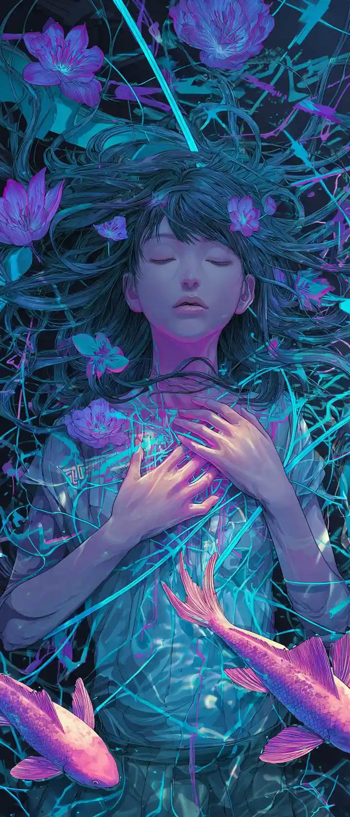 Surreal anime woman above neon flooded highway