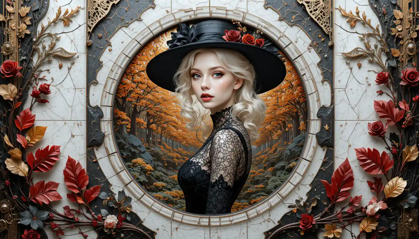 Gothic blonde woman in black lace hat in autumn park