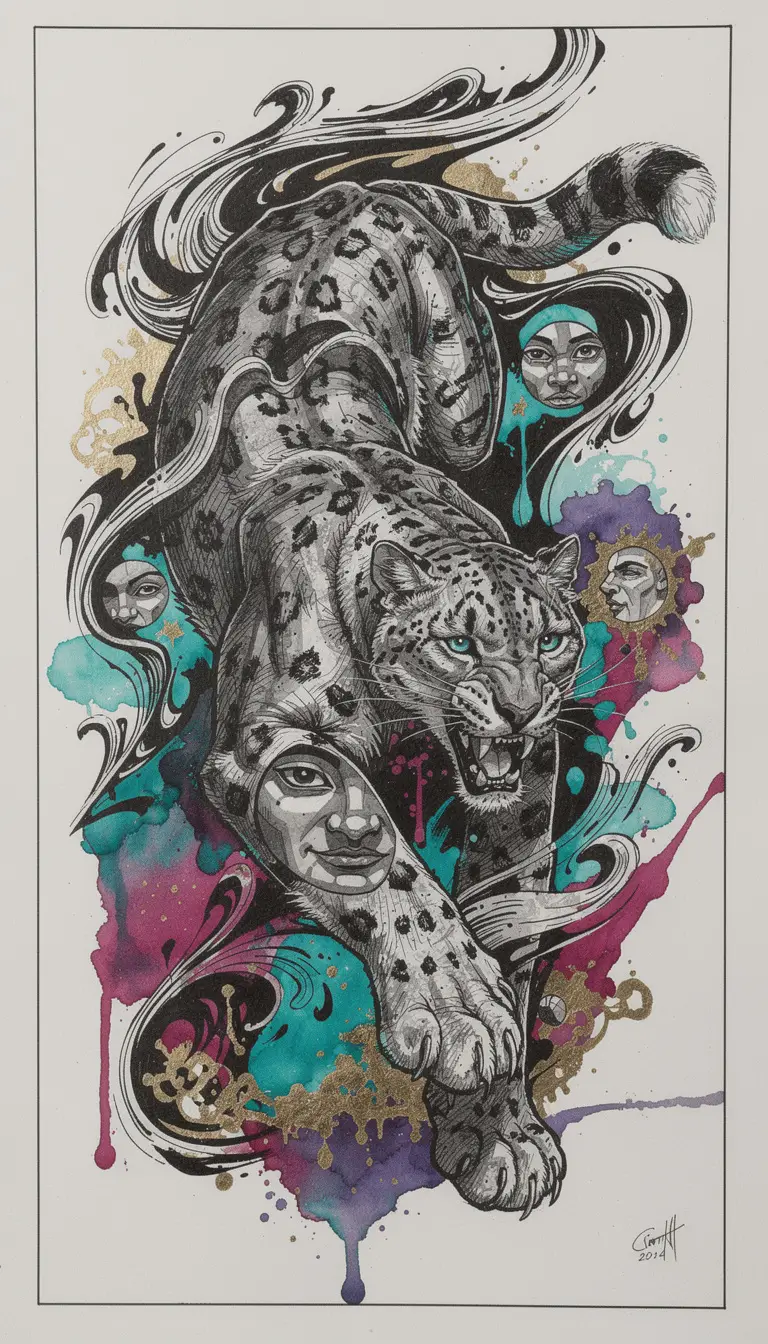 Snow leopard mid pounce in dramatic abstract ink artwork