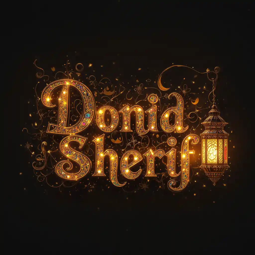 ラマダンの三日月とランタンをあしらった装飾的な Donia Sherif レタリング