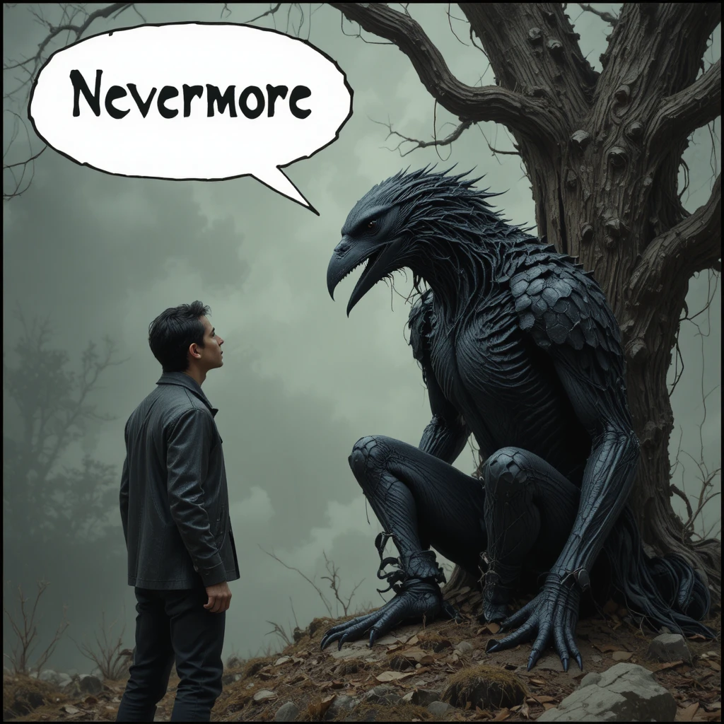 Homem Gritando Nunca Mais para Corvo em Árvore Sem Folhas