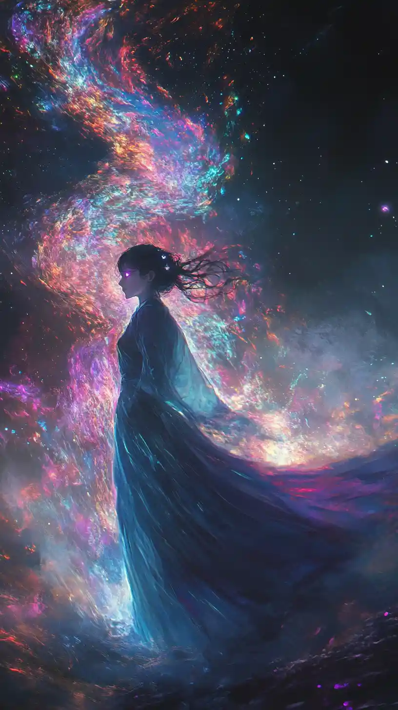 Young woman in long gown with curious purple gaze