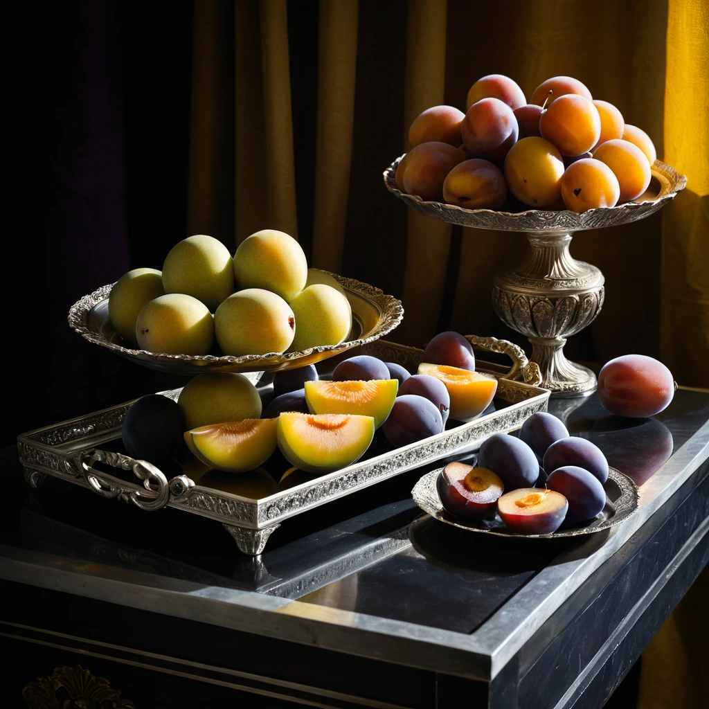 Melon Slices And Plums On A Silver Tray