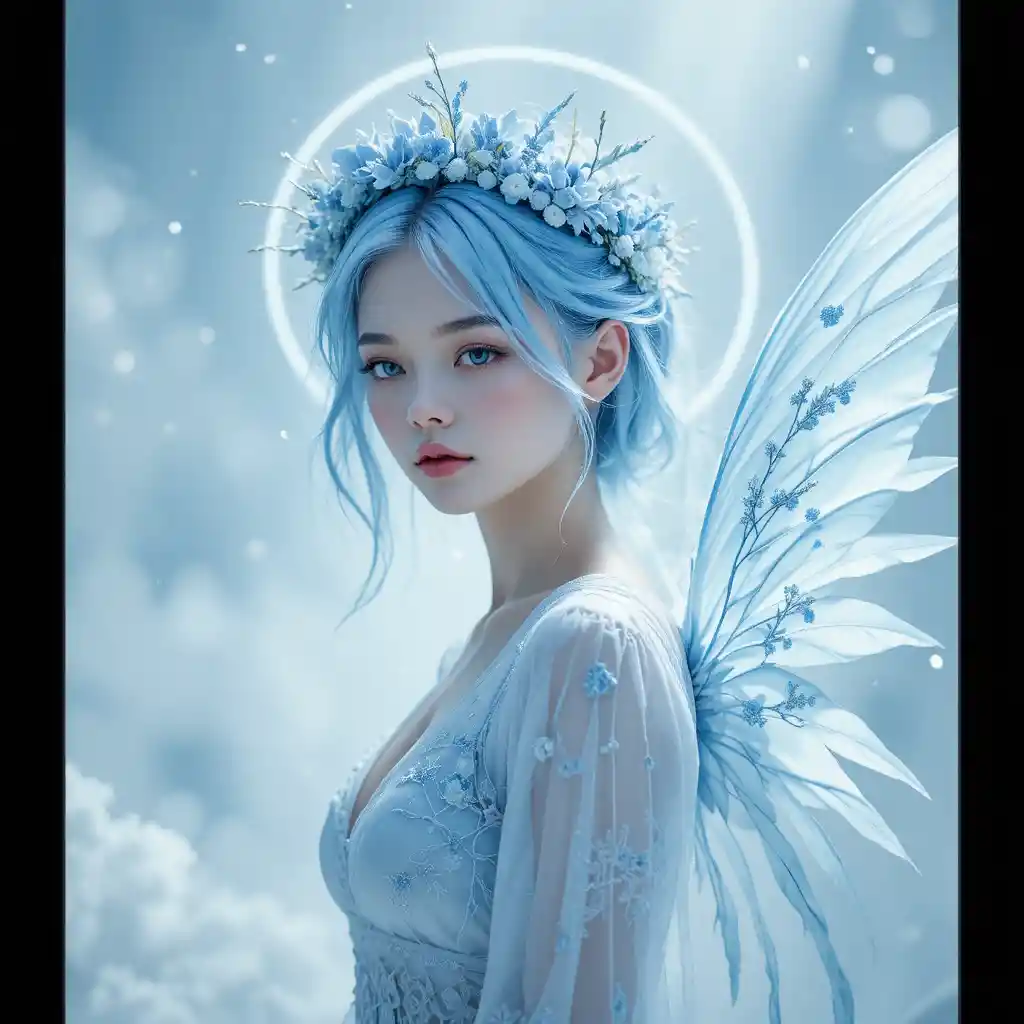 Ethereal winged woman in icy blue luminous haze
