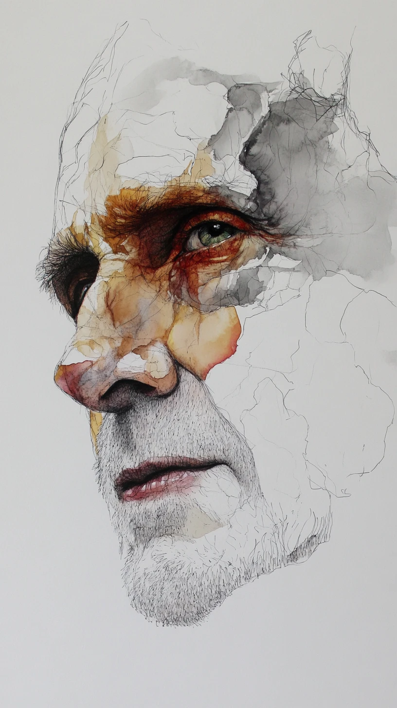 Rosto fragmentado de idoso em mixed media em close-up