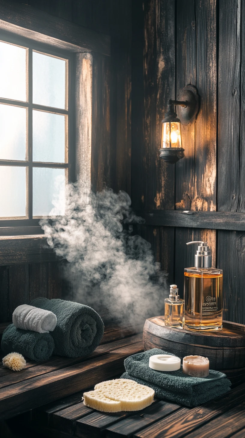 Prodotti da bagno di lusso disposti in una serena sauna in legno