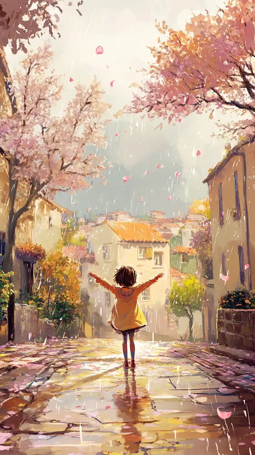 Child in gentle rain on a pastel painted town street