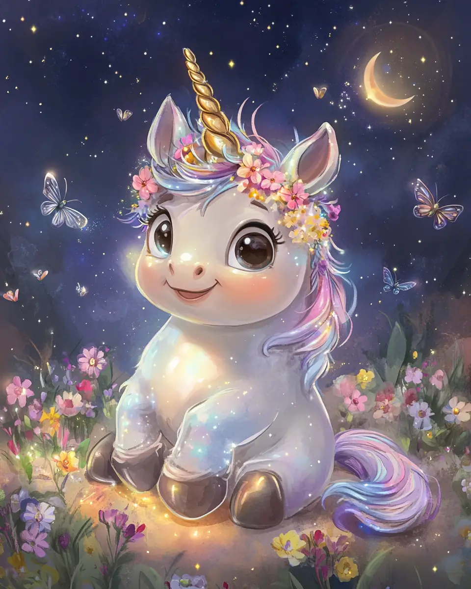 Whimsical baby unicorn in a glowing night meadow