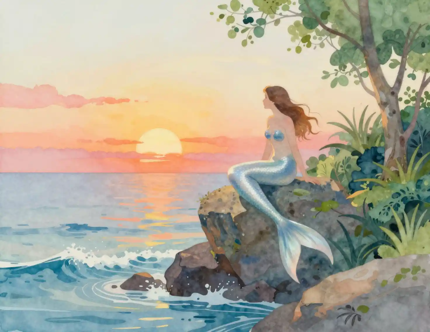 Sereia serena surgindo de ondas em tons pastel ao pôr do sol