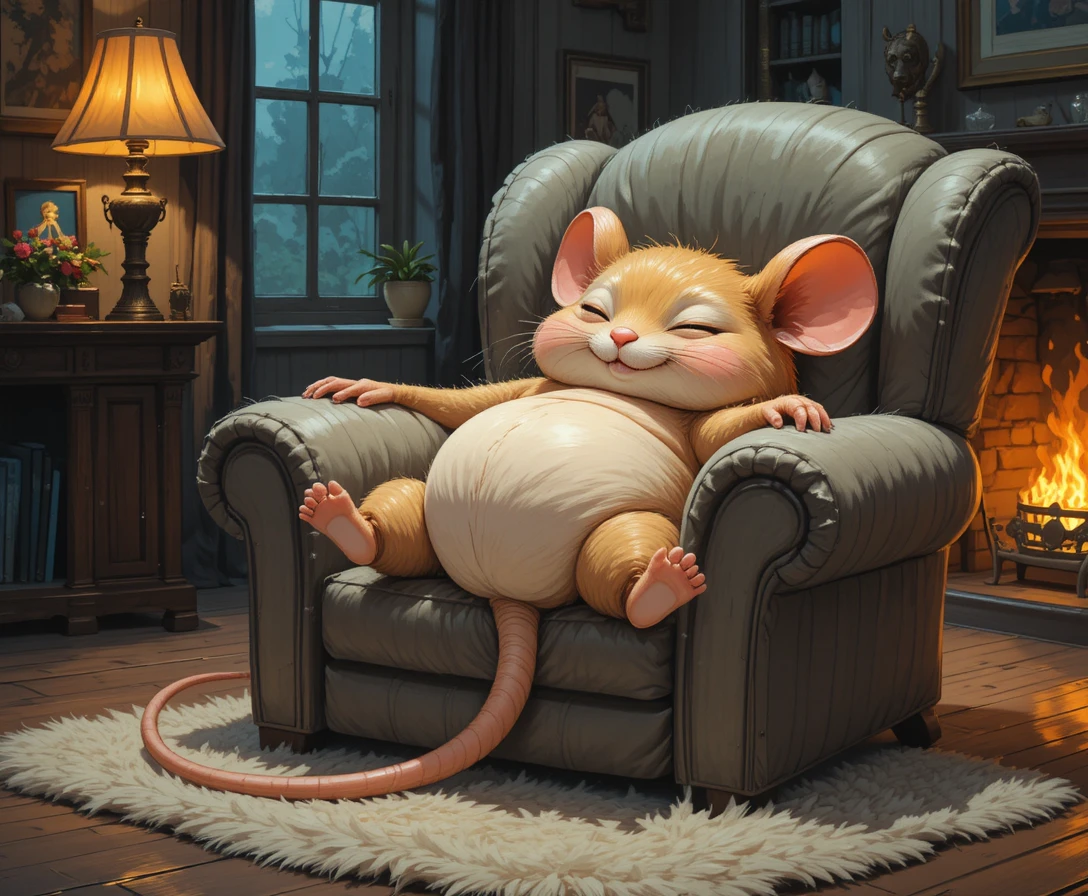 Cozy Mouse Relaxing In An Armchair By Warm Lamp Light