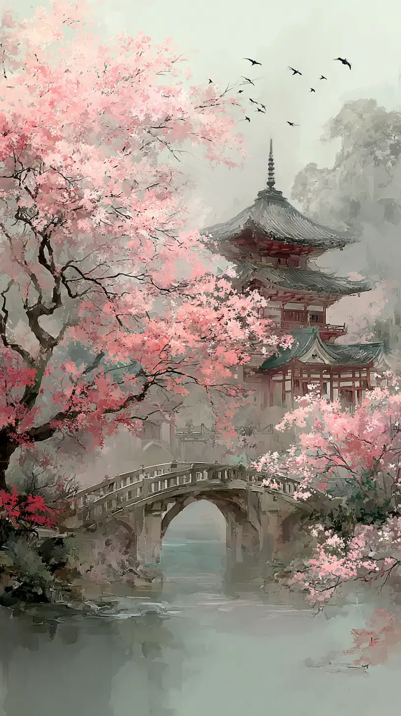 櫻花與薄霧中的古老日本寺廟