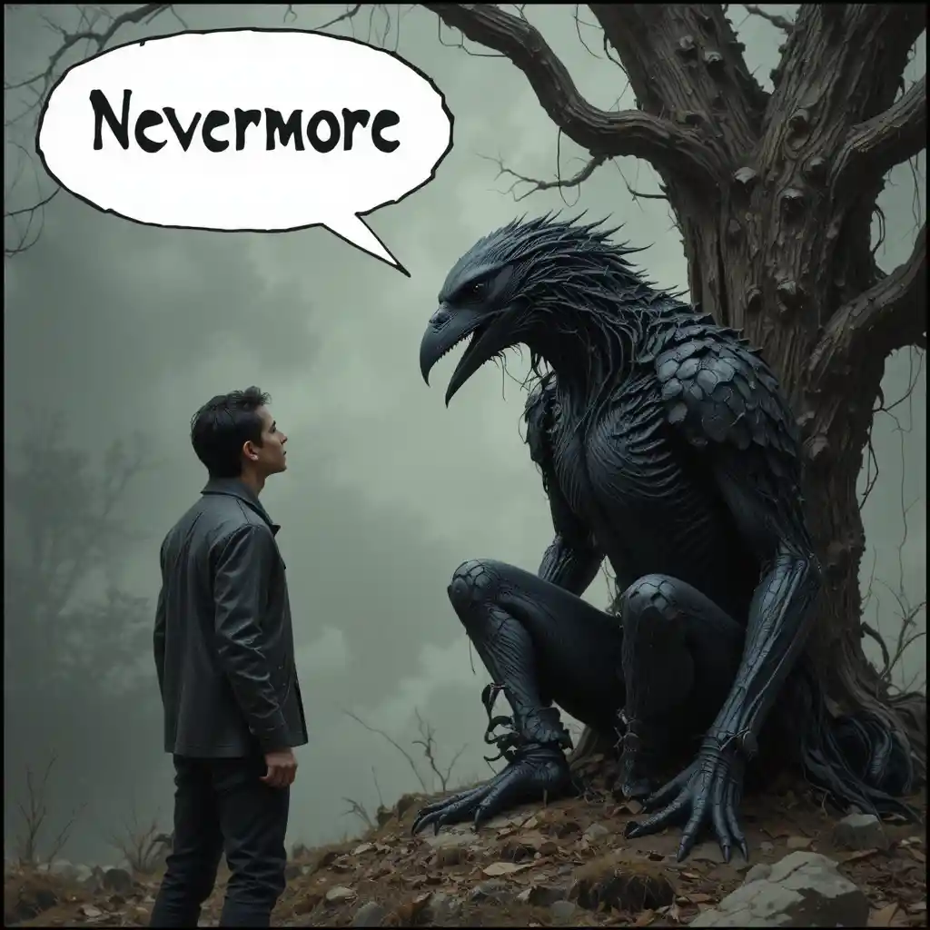 Homem Gritando Nunca Mais para Corvo em Árvore Sem Folhas