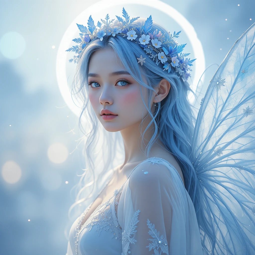 冰藍幻想光中的飄渺羽翼女子