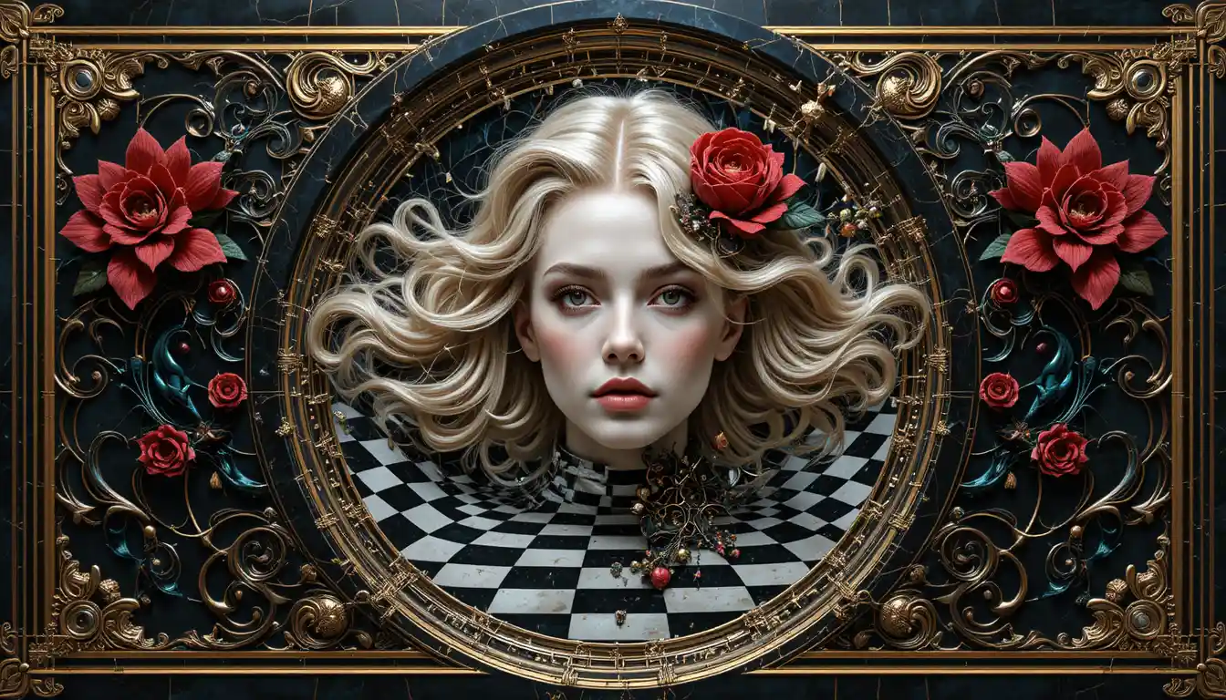 Retrato gótico futurista de uma mulher madura com circuitos florais