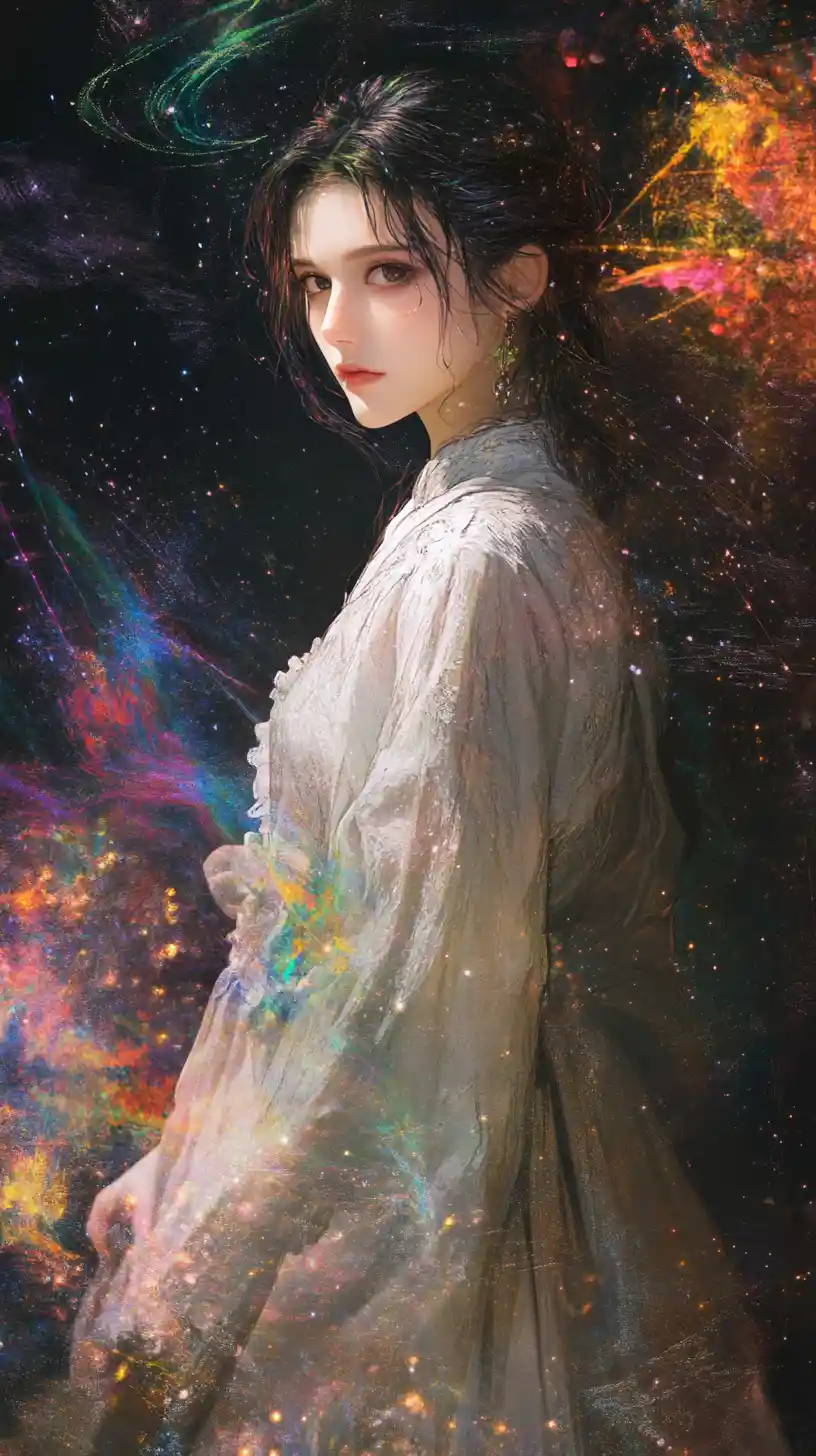 Young woman in long dress with striking purple eyes