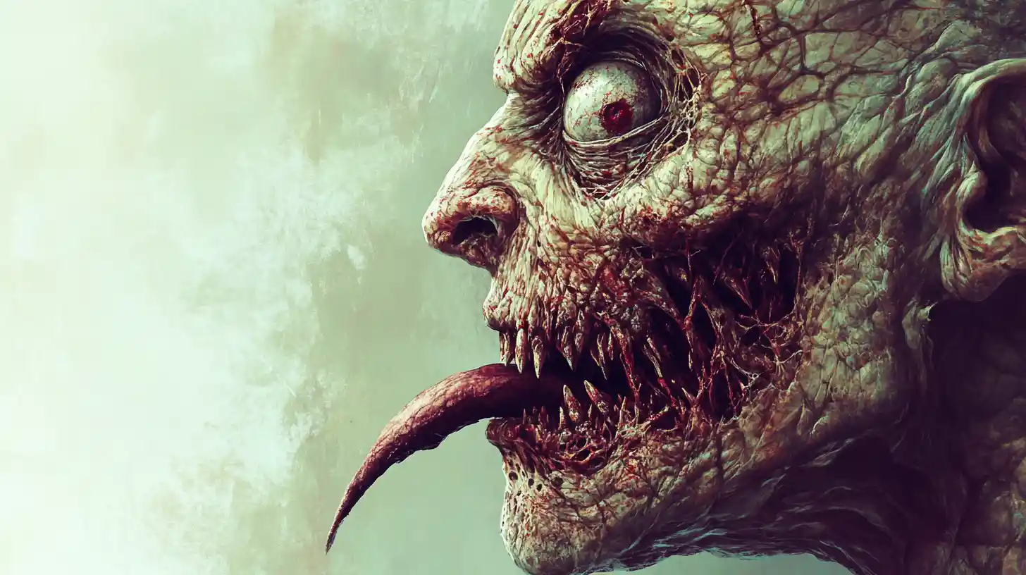 Grotesque side profile monster face with single staring eye