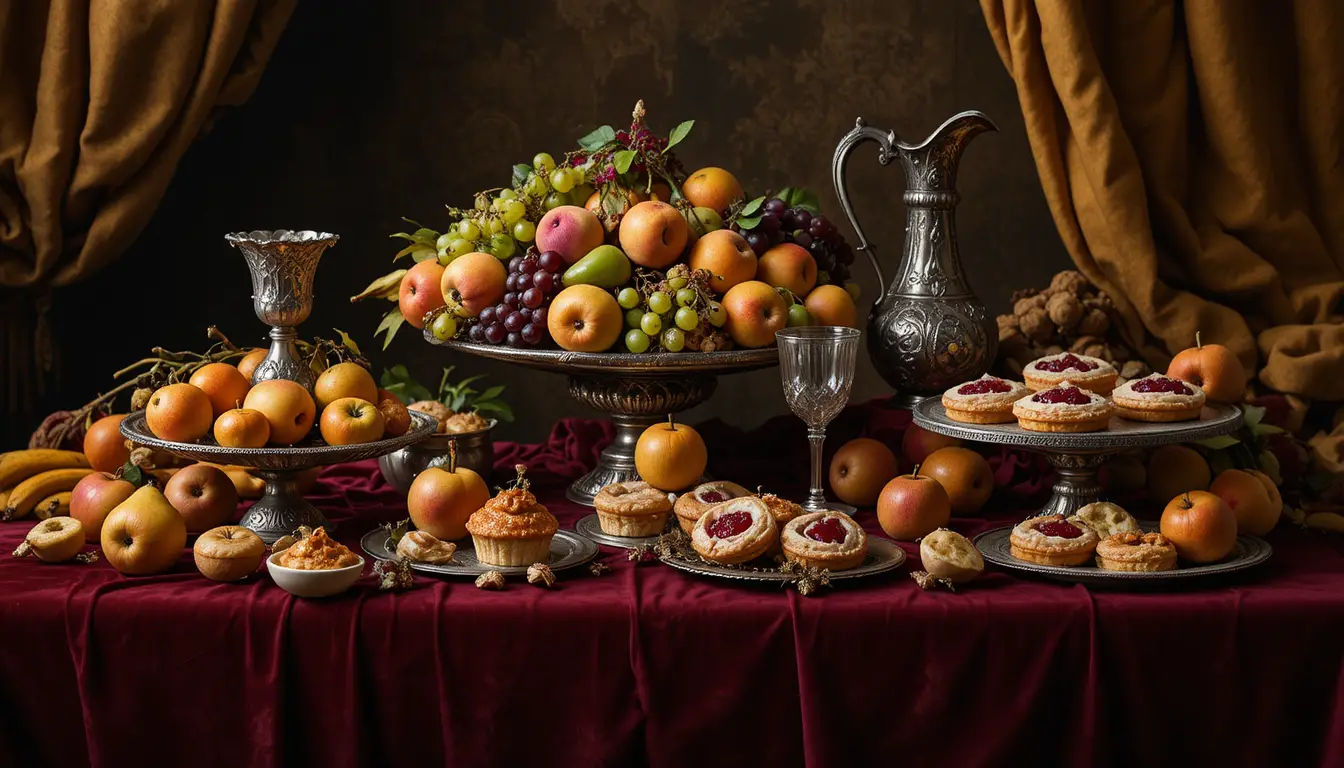 Natura morta opulenta con pasticcini alla frutta e argenteria