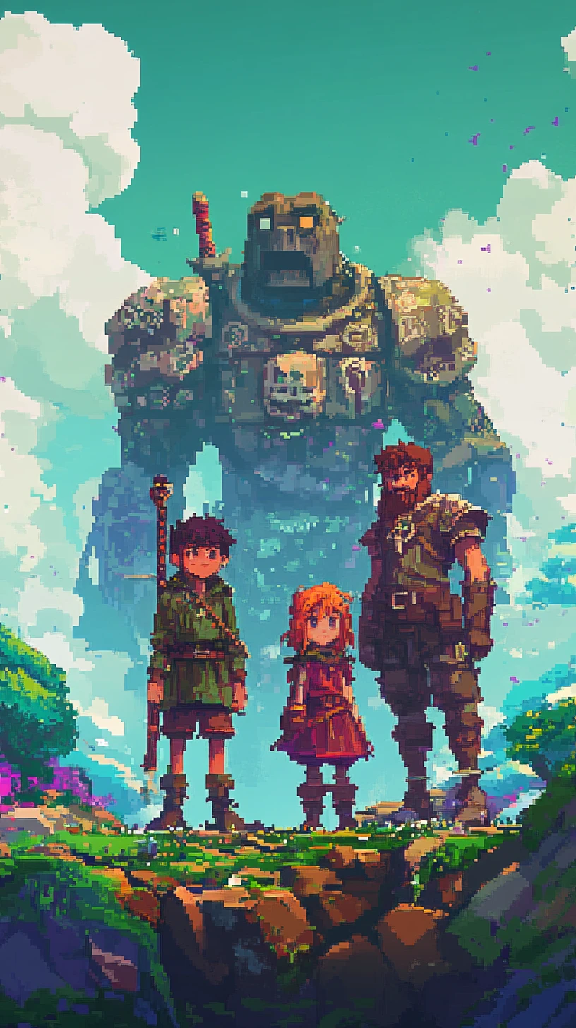Grupo de fantasía en un paisaje vibrante de pixel art