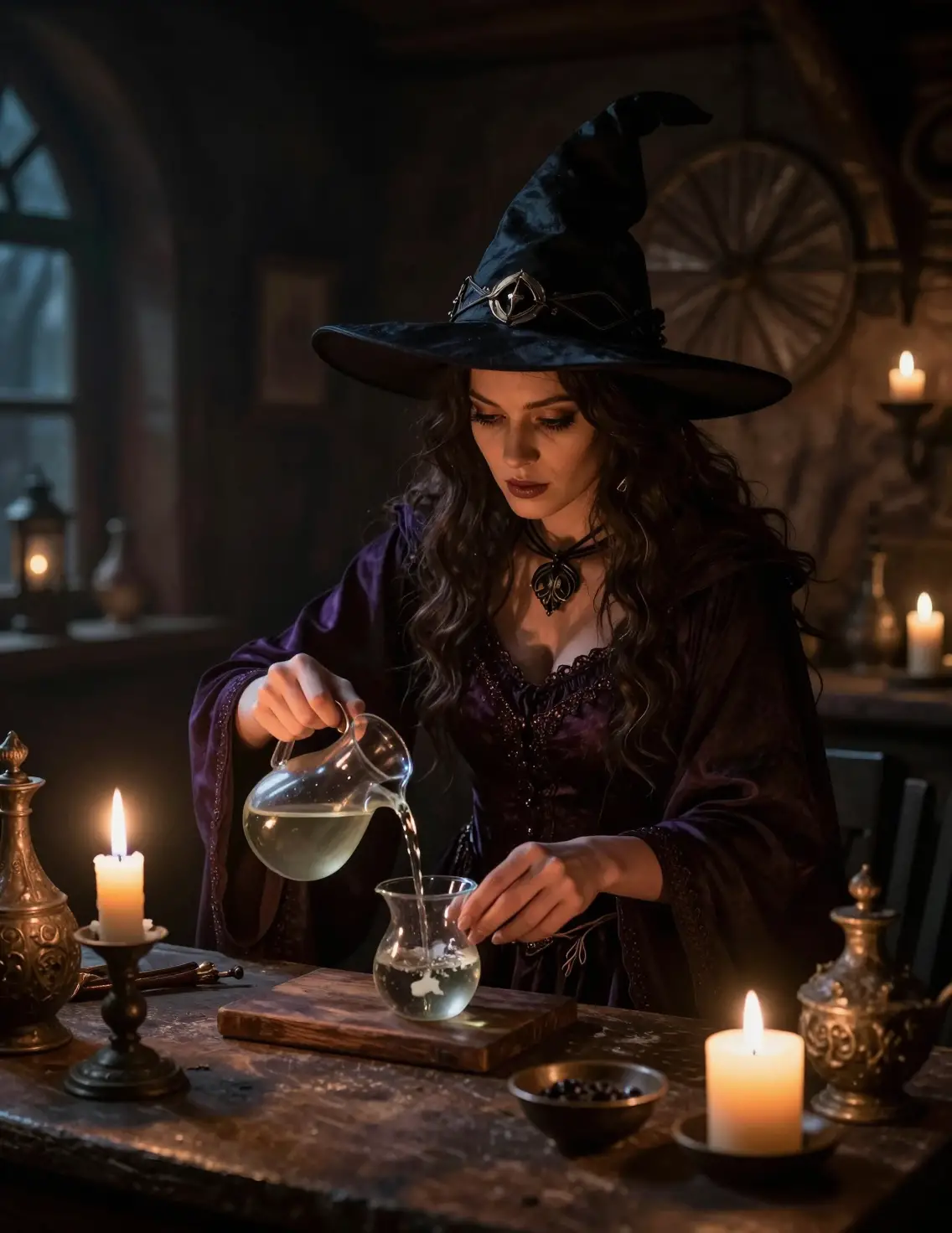 Sorcière Préparant des Potions dans l’Intérieur d’un Cottage de Fantasy Sombre