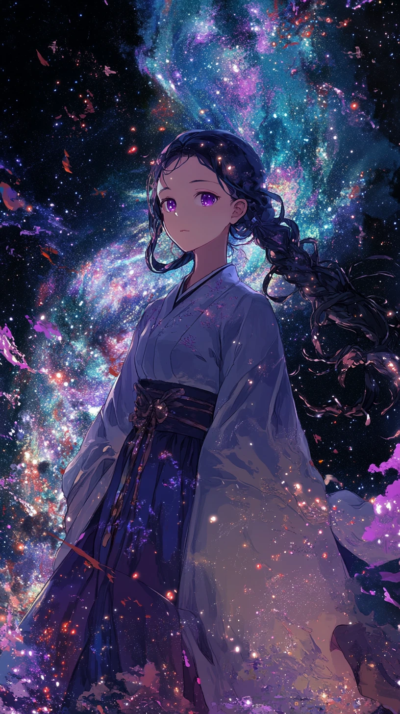 Young woman in long gown with curious purple gaze