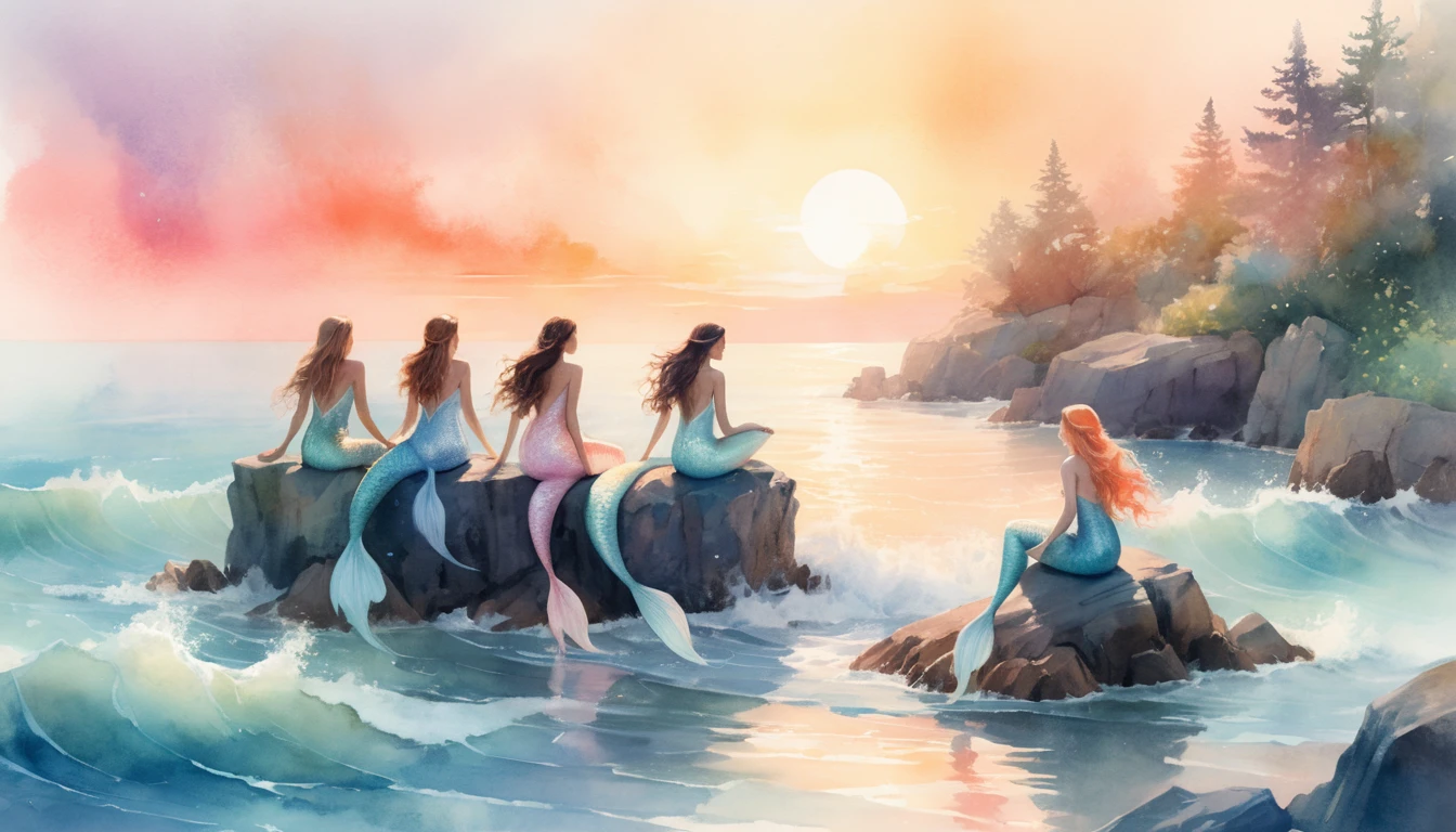 Mermaids Gather On Sunlit Rocks At Pastel Sunset Shore