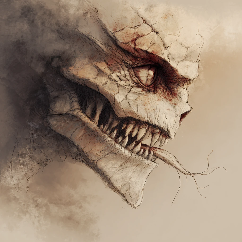 Grotesque side profile monster face with single staring eye