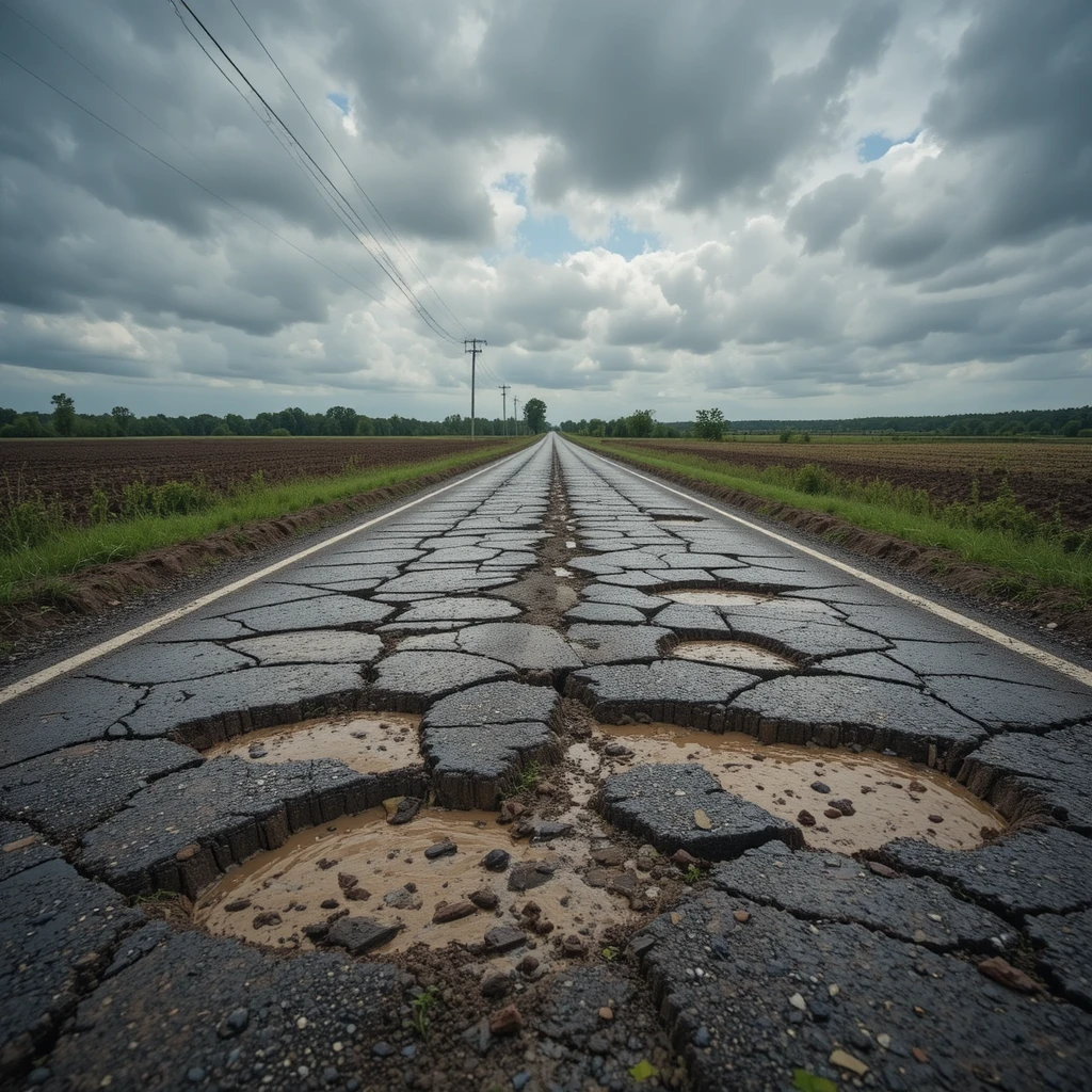 Kaputte Landstraße mit tiefen schlammigen Schlaglöchern unter Wolken