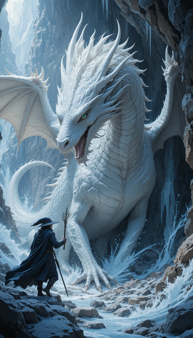 White dragon in an epic battle inside an icy cave