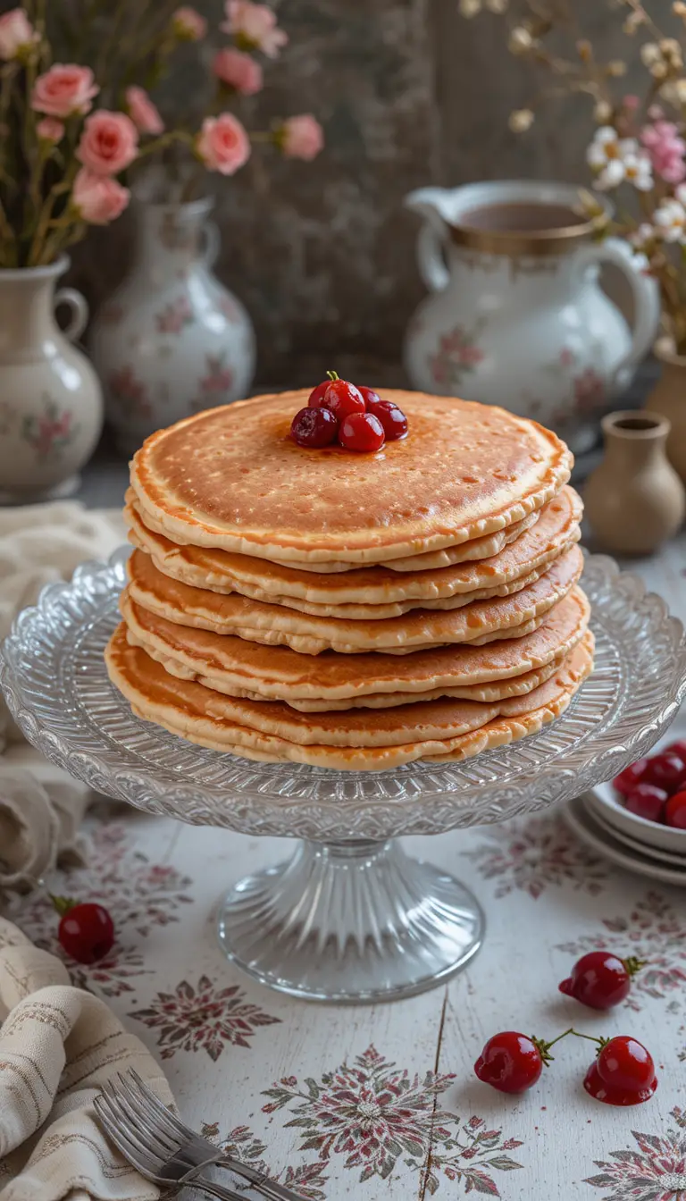 Pilha de panquecas rosadas em prato de cristal com jarras