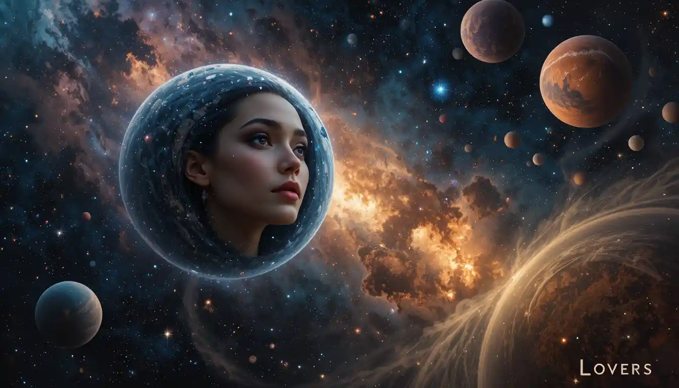 Universo romântico com planetas e rostos de amantes