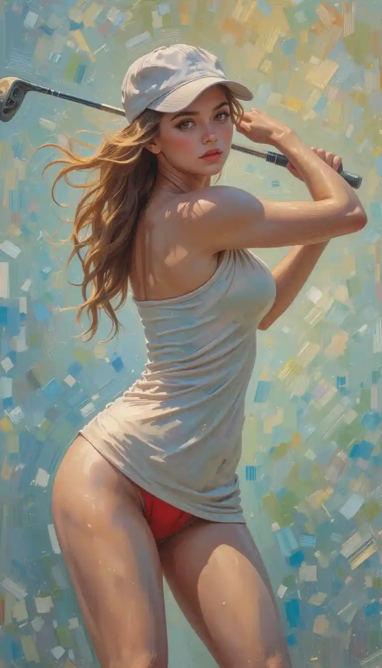 Young glamorous girl swinging a golf club in oil painting