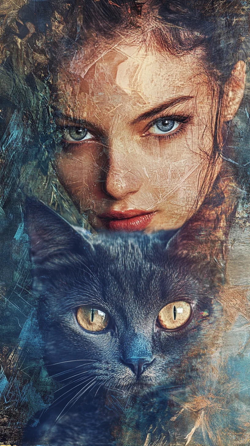 Ritratto mixed media di una donna e dell’essenza di un gatto