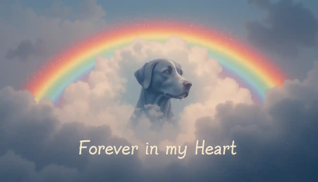 Arcoíris colorido con nube en forma de perro y texto conmemorativo