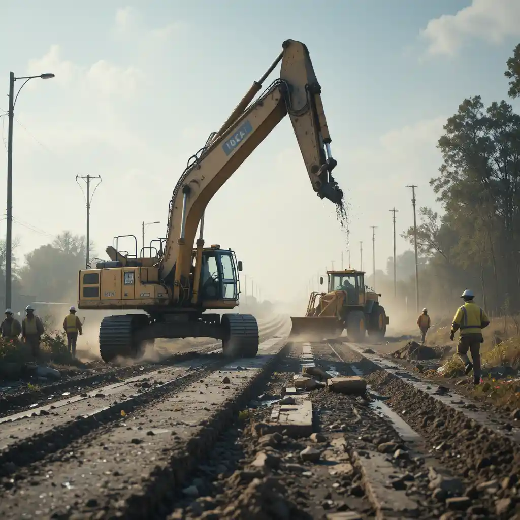 Excavator Breaking Old Road At Busy Construction Site