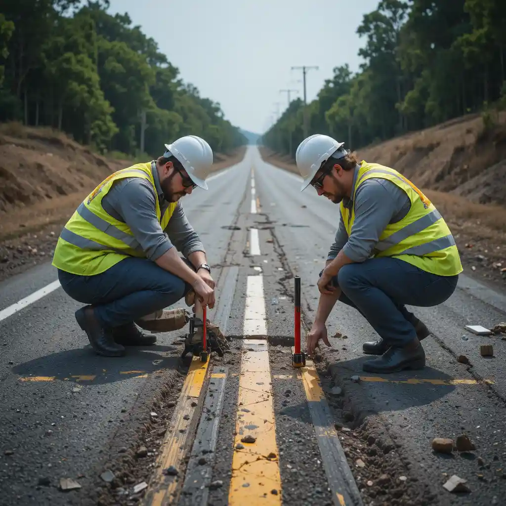 Engenheiros inspecionando estrada danificada com ferramentas de medição à luz do dia